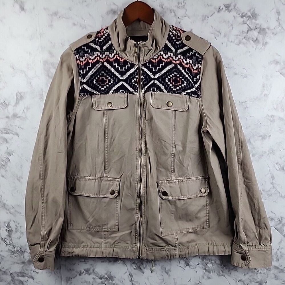 Blu‎ Pepper Womens Khaki Utility Jacket Southwestern Knit Yoke Boho Tan Full Zip